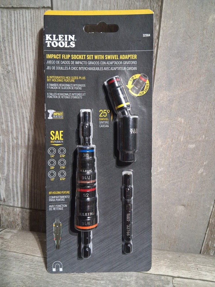 New Klein Tools 32984 Impact Flip Socket Set With Swivel Adapter Free Shipping