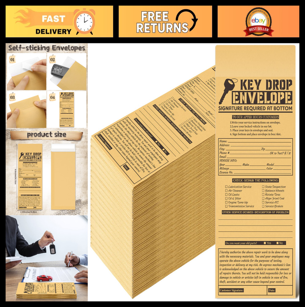 500 Pcs Self-Adhesive Drop Key Envelopes for Auto Repair Shops – 4.125×9.5″ Kraf