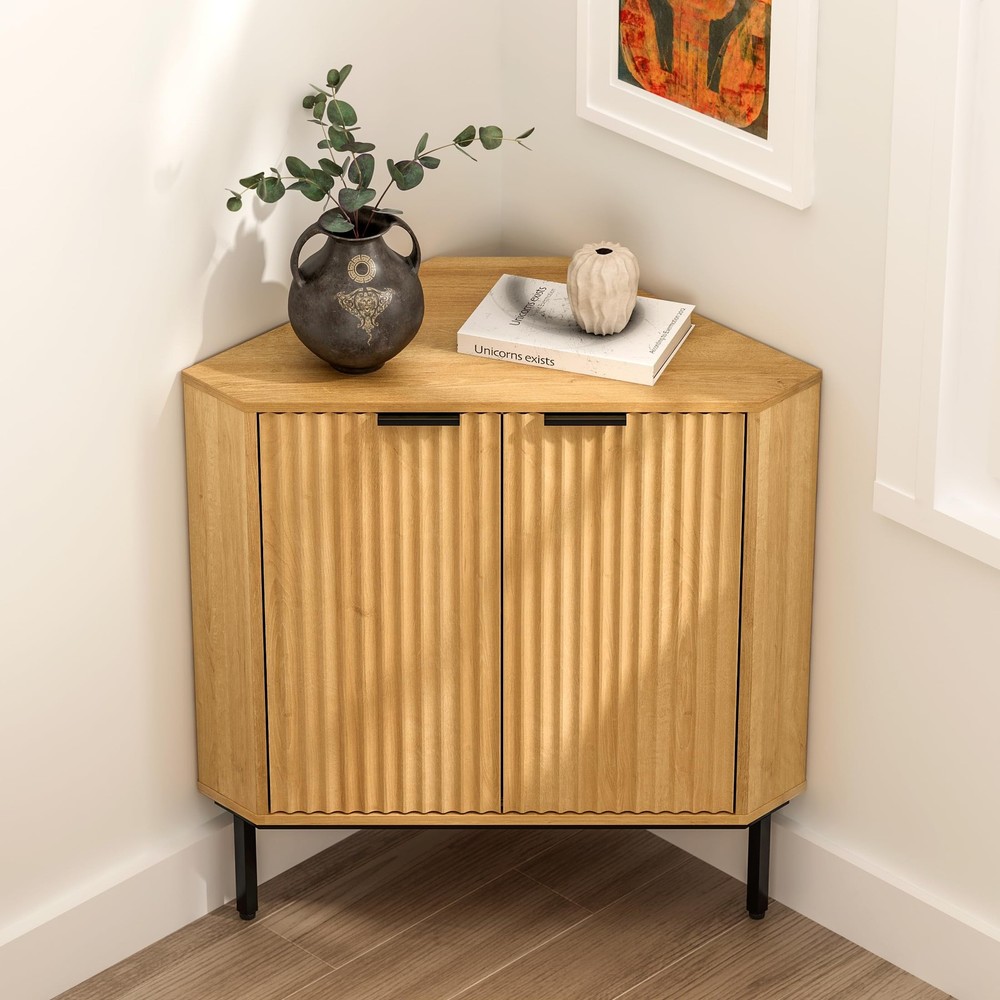 Fluted Corner Cabinet 2 Doors 2-Tier Shelves Freestanding Organizer Natural Oak