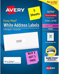 [5 Sheets] Avery 16790/5160/5960 INKJET/LASER Mailing Labels 1″ x 2 5/8″ B2G1