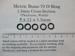 8mm ID X 11mm OD x 1.5mm thick O-ring. Buna-70. Quan 5.