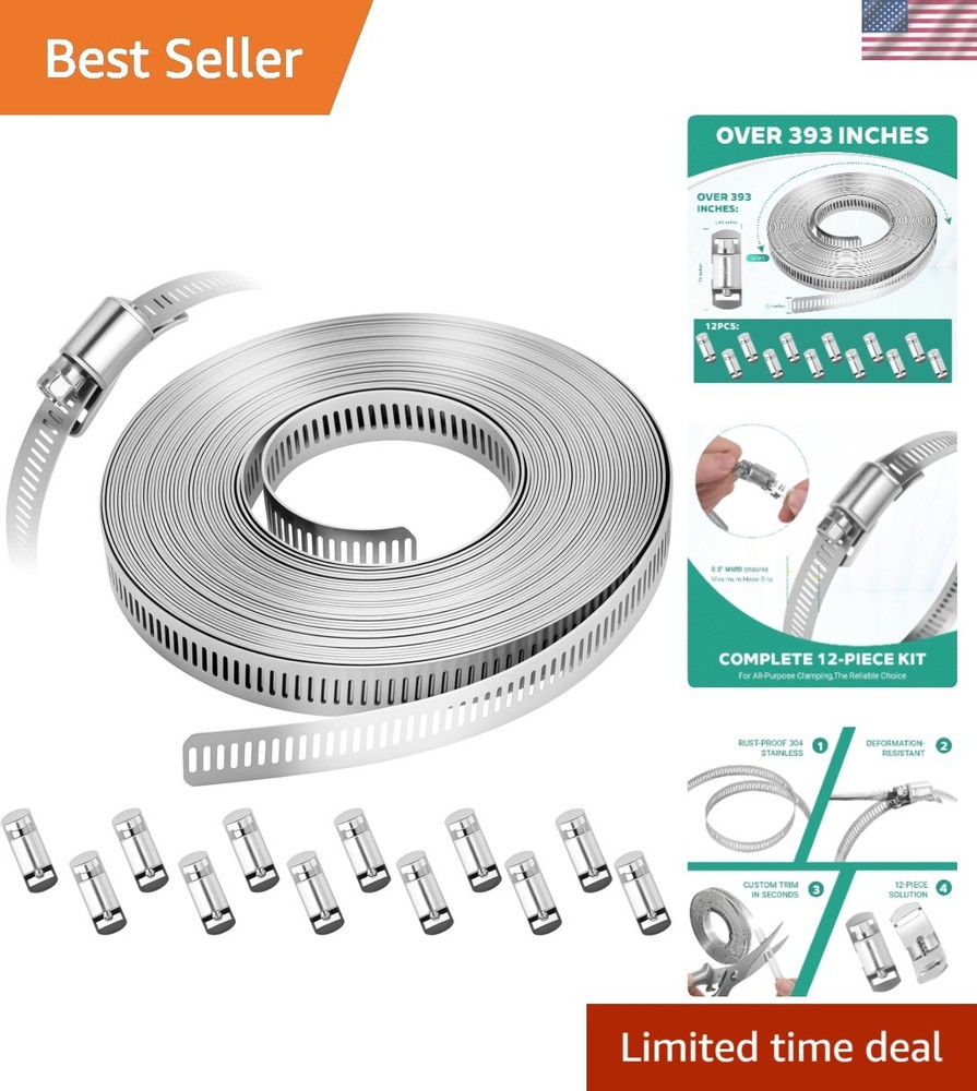 Professional 32.81Ft Adjustable Hose Clamp Band with 12 Fasteners – Rust-Proof