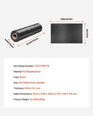 VEVOR 10Mil Plastic Sheeting Roll 5 x 100 FT Heavy Duty Polyethylene Black