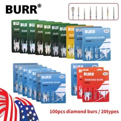 100pcs Dental Diamond Burs FG 1.6mm 20 Types for High Speed Handpiece Tubine