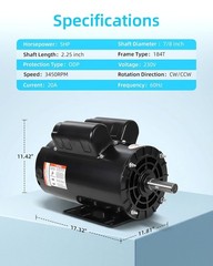 5HP SPL Air Compressor Electric Motor 230V 17.6Amps 3450 RPM 7/8” Keyed Shaft