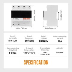 Automatic Transfer Switch 110V/240V 63A Adjustable Circuit Breaker Overcurrent O