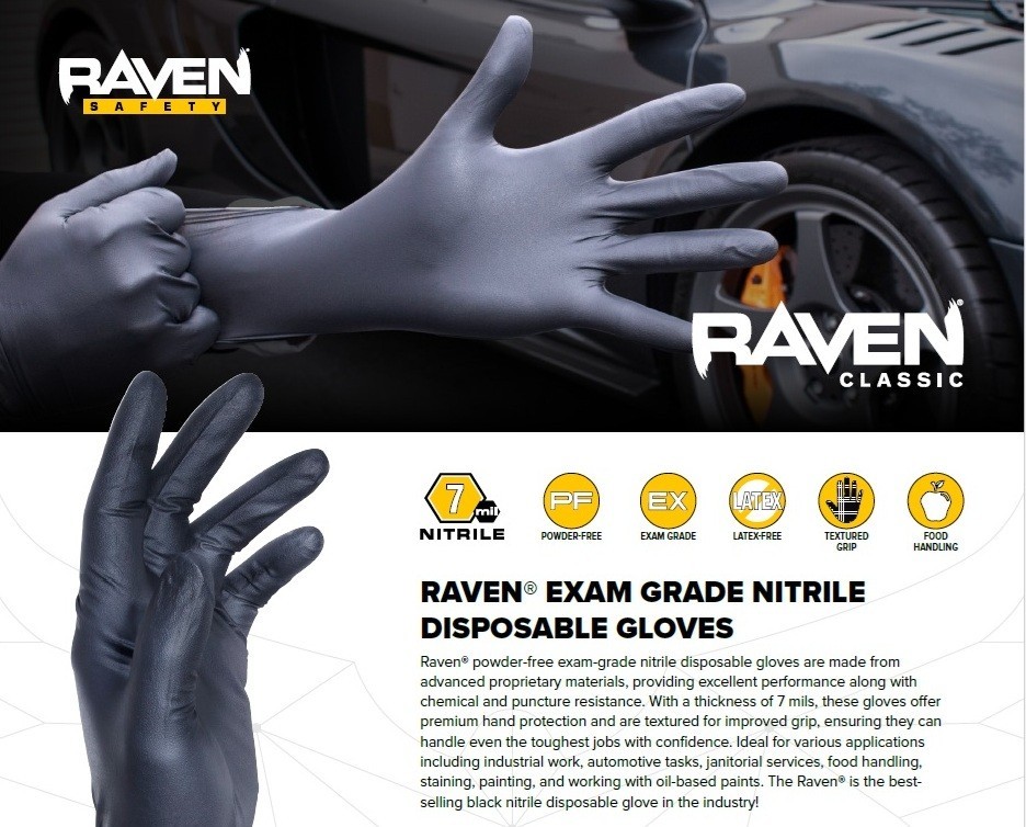 SAS Raven Black Nitrile Gloves Powder Free 7mil BUNDLE OF 5 (100 Gloves/Box) XL