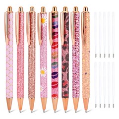 8 Pcs Pink Sparkly Pens for Women – Cute Glitter Ballpoint Pens with 10 Refil…
