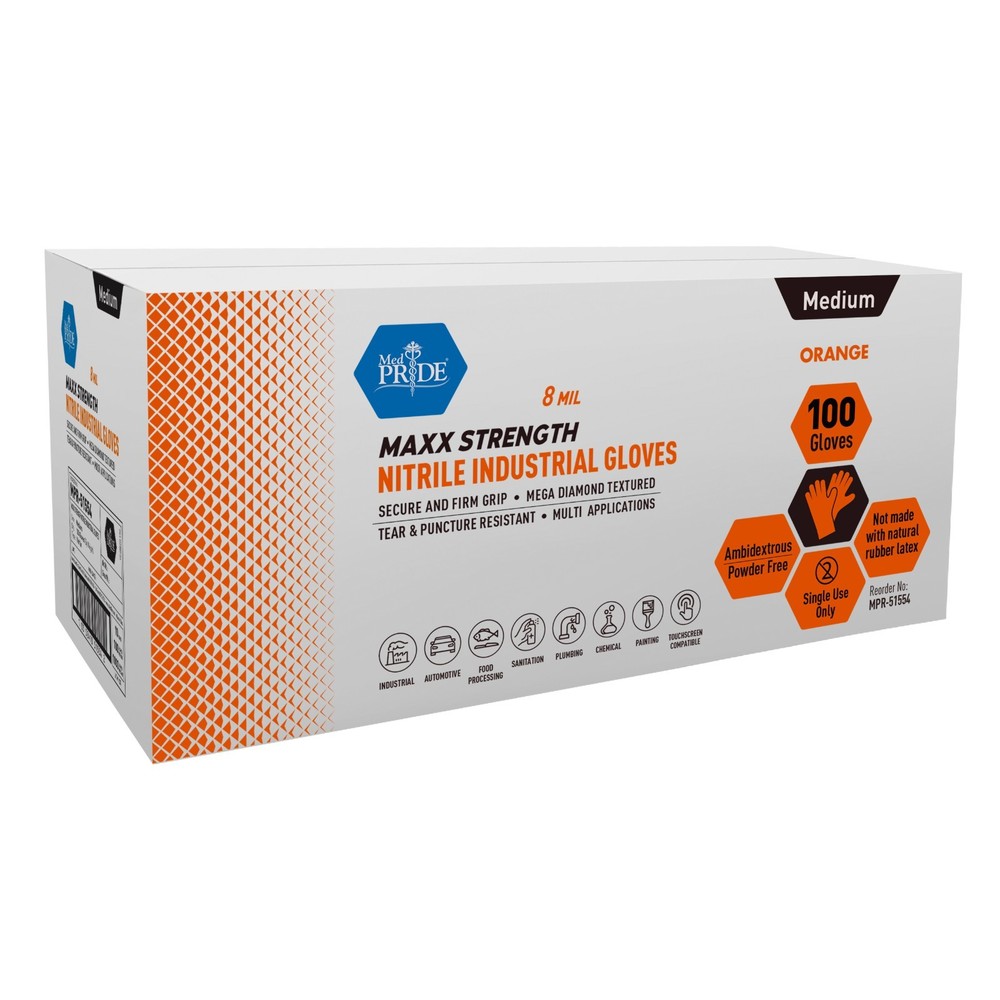 MED PRIDE 1000 Ct Maxx Strength 8 Mil Nitrile Gloves Heavy Duty Orange Diamond