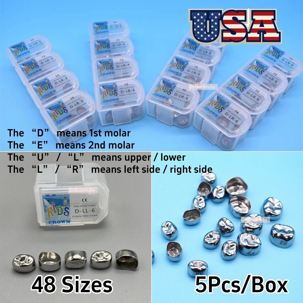 5x Dental Kids Primary Molar Crowns Stainless Steel Pediatric crown 48 Sizes USA