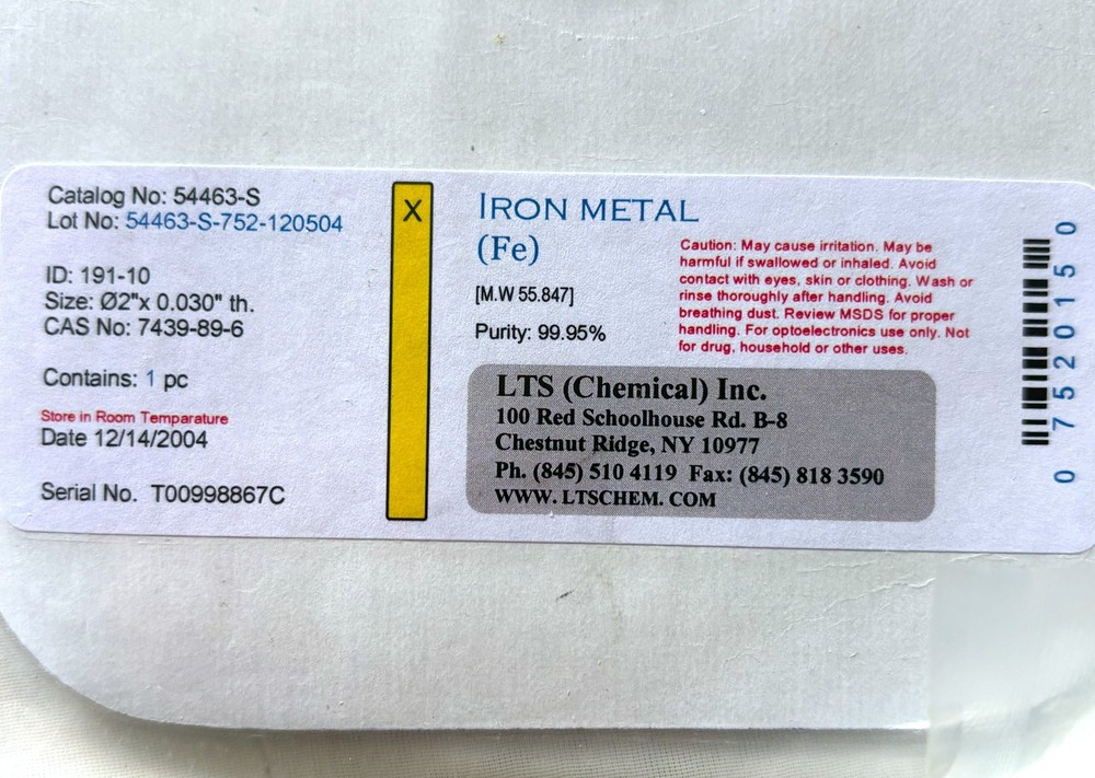 NEW – LTS CHEMICALS, INC. 99.95% Pure IRON Sputtering Target 2″dia x .030″ thick