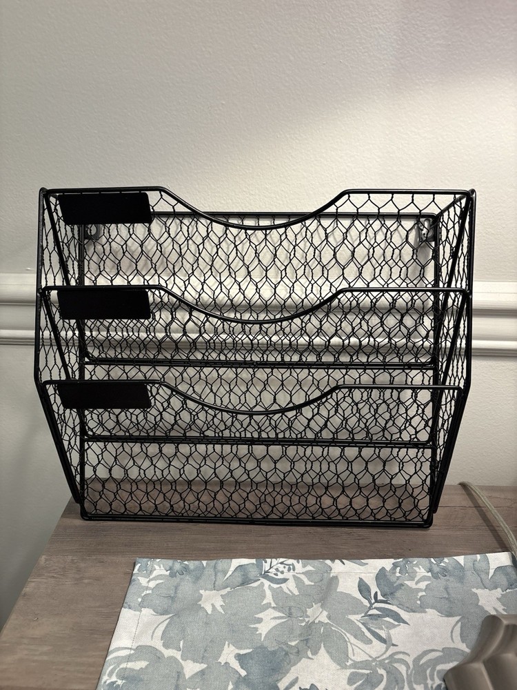 Mail Organizer Wall Mount Hanging File Holder Metal Chicken Wire 3 Tier Blk