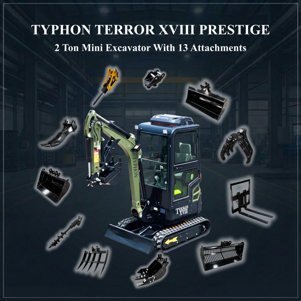 TYPHON Terror XVIII Prestige 2 Ton Mini Excavator AC/Heater cabin 13 Attachments