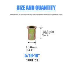 100 Pcs 5/16-18 UNC Carbon Steel Rivet Nut Flat Head Threaded Insert Nutsert SAE