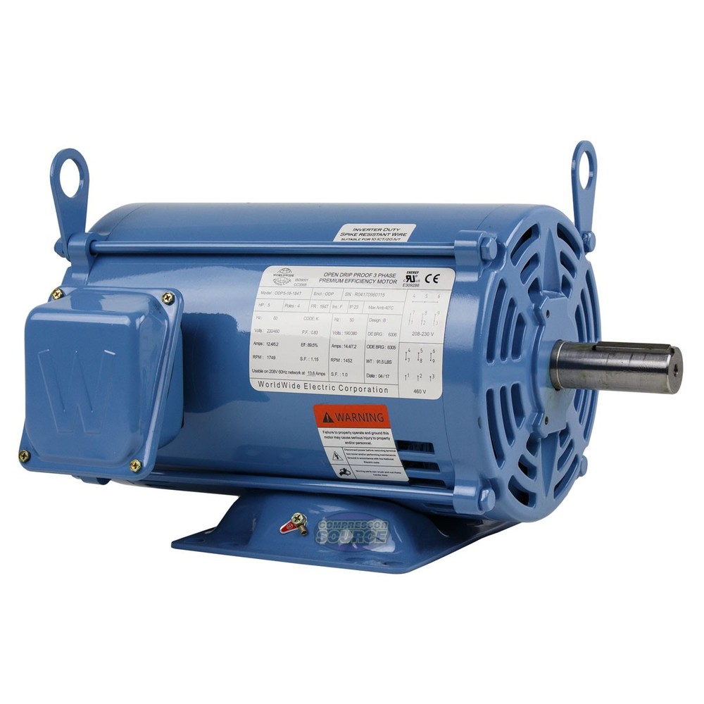 5 HP 3 Phase Electric Motor 1800 RPM 184T Frame ODP Open Drip Proof 230/460V