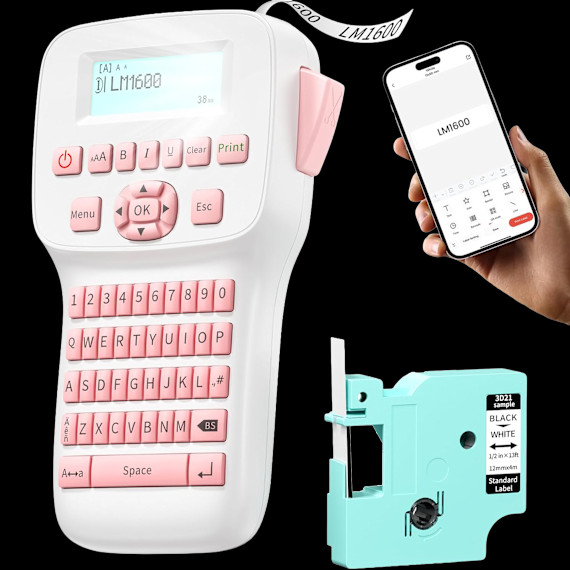 EazeID Label Maker Machine with Tape (White+Pink)