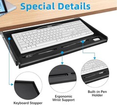 Slide Out Under Desk Keyboard Tray Pull Out Keyboard Drawer Shelf w/ Pen Holder
