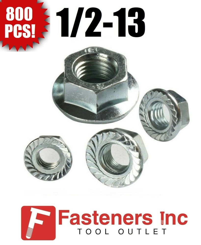 (Qty 800) 1/2-13 Hex Flange Nuts Serrated Zinc Plated “Whiz Nuts” Bulk Box