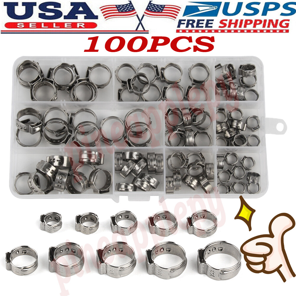 260PCS 304 Stainless Steel Single Ear Hose Clamp Crimp Hose Clamp Assortment Kit