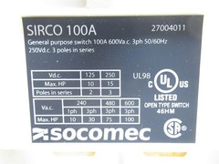 243240 New In Box; Socomec 2700-4011 AC Load Break Switch; 100A; 600V; 4-Pole