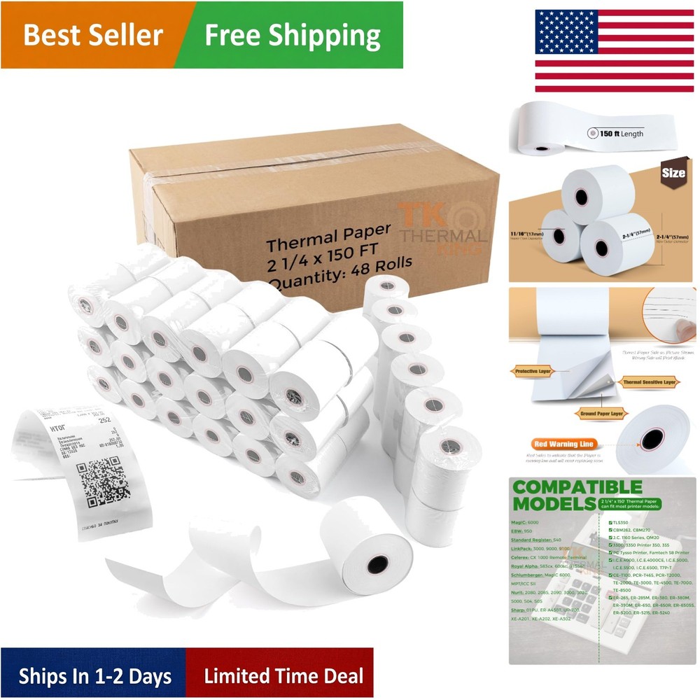 48 Rolls Biodegradable Thermal Paper 2 1/4″ x 150′ – Crisp Clarity for Receipts