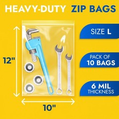 10″ x 12″ Reclosable Plastic Zip Bags, Pack of 10, 6 Mil Heavy-Duty Clear Pol…