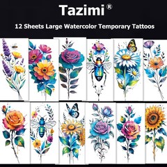 Tazimi 12 Sheets 3D Large Watercolor Flower Temporary Tattoos For Women Girls Wa