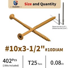 #10×3-1/2″ 400Pcs Wood Screws T25 Torx Drive Self Tapping For Furniture DIY Set