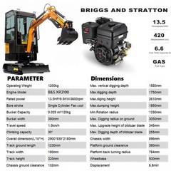 1.2Ton Enclosed Cabin Mini Excavator 13.5hp Gas Tracked Crawler B&S EPA Engine