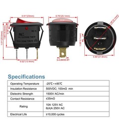 5 PCS Round Rocker Switch ON Off SPST 3 Terminal Red Light 10A 250VAC Snap In