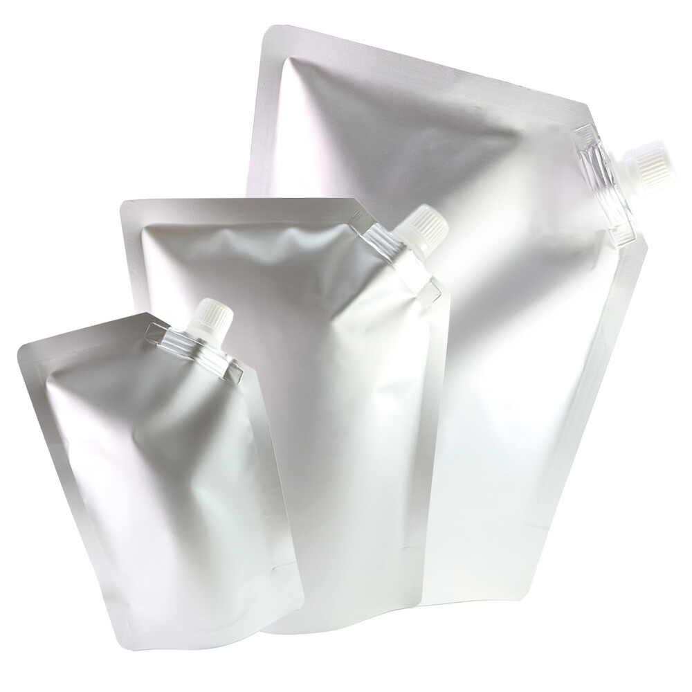 50 Silver Stand Up Beverage Drink Pouches w/ Corner Spout + Funnel Various Sizes