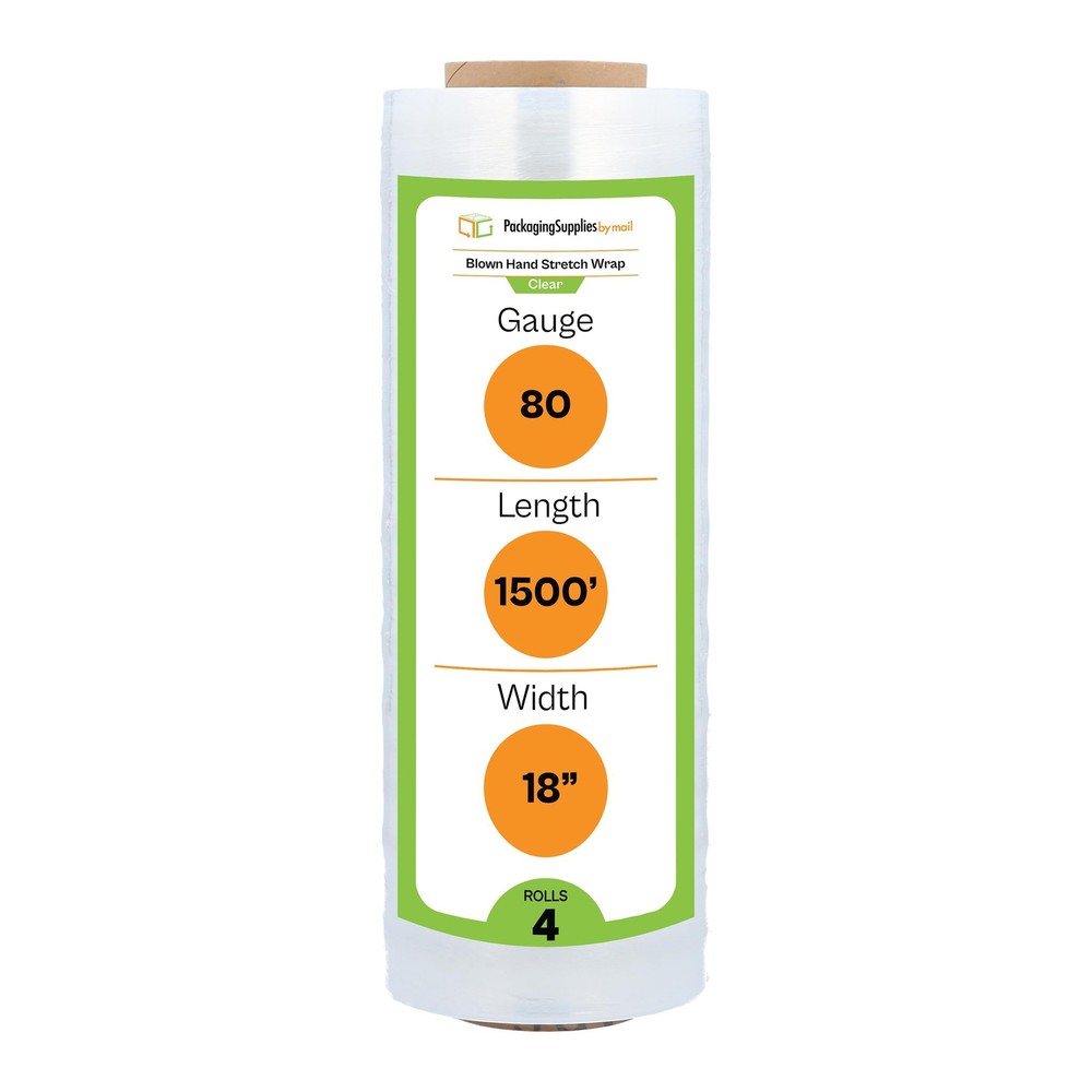 Blown Stretch Film Wrap 18″ x 1500′ x 80 Gauge Clear Hand Bundling 4 Rolls