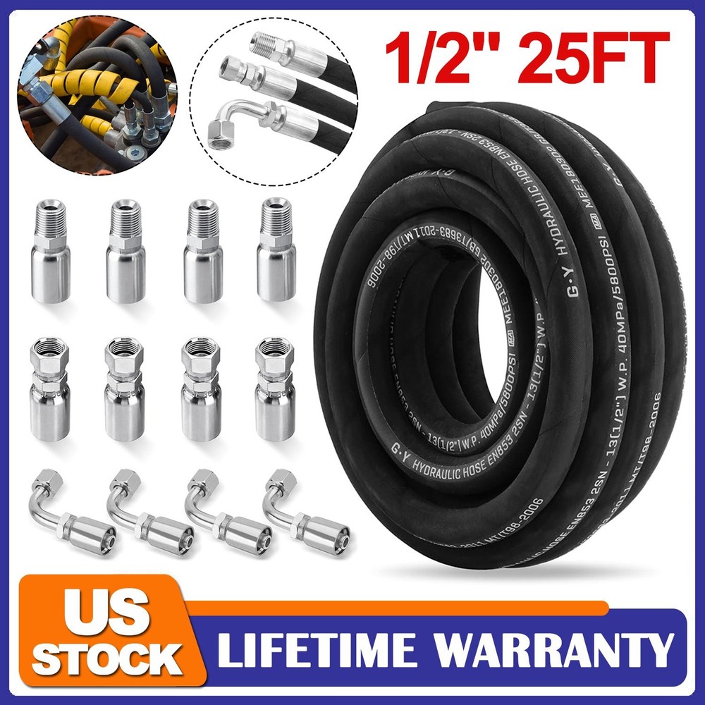 1/2″ 25FT HYDRAULIC HOSE TWO WIRE HOSE FLEXIBLE 40 MPa / 5800 PSI W/ 12 FITTINGS
