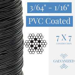 3/64″ to 1/16″ PVC Coated Black Color Galvanized Cable 7×7 Strand Aircraft Cable