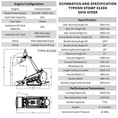 3040lbs TYPHON STOMP X1300 25HP Kubota D1105 EPA Diesel Mini Skid Steer Loader