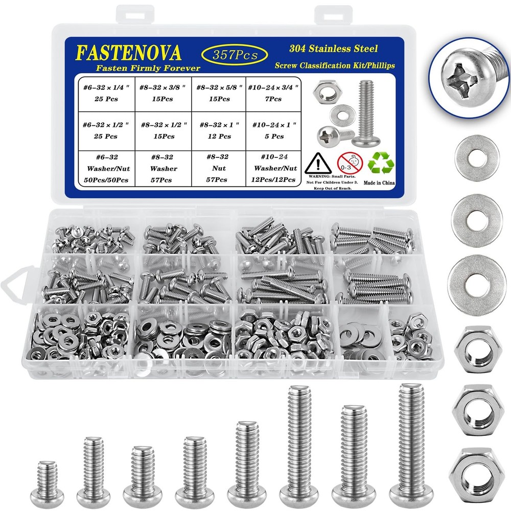357pcs Machine Screws Assortment Kit, Phillips Pan Head, 304 Stainless Steel Scr