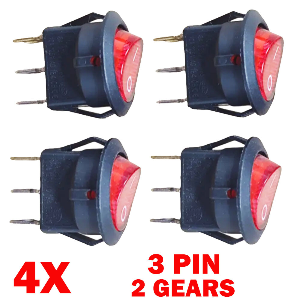 4PC For SPST 3 Pin ON/OFF Round Rocker Switch With Red Neon Lamp 10A/125VAC