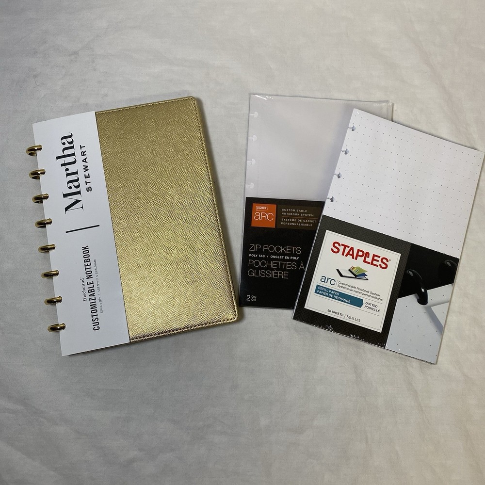 Martha Stewart Linen Junior Discbound Notebook MS102E 6.5X9 Faux Leather Gold