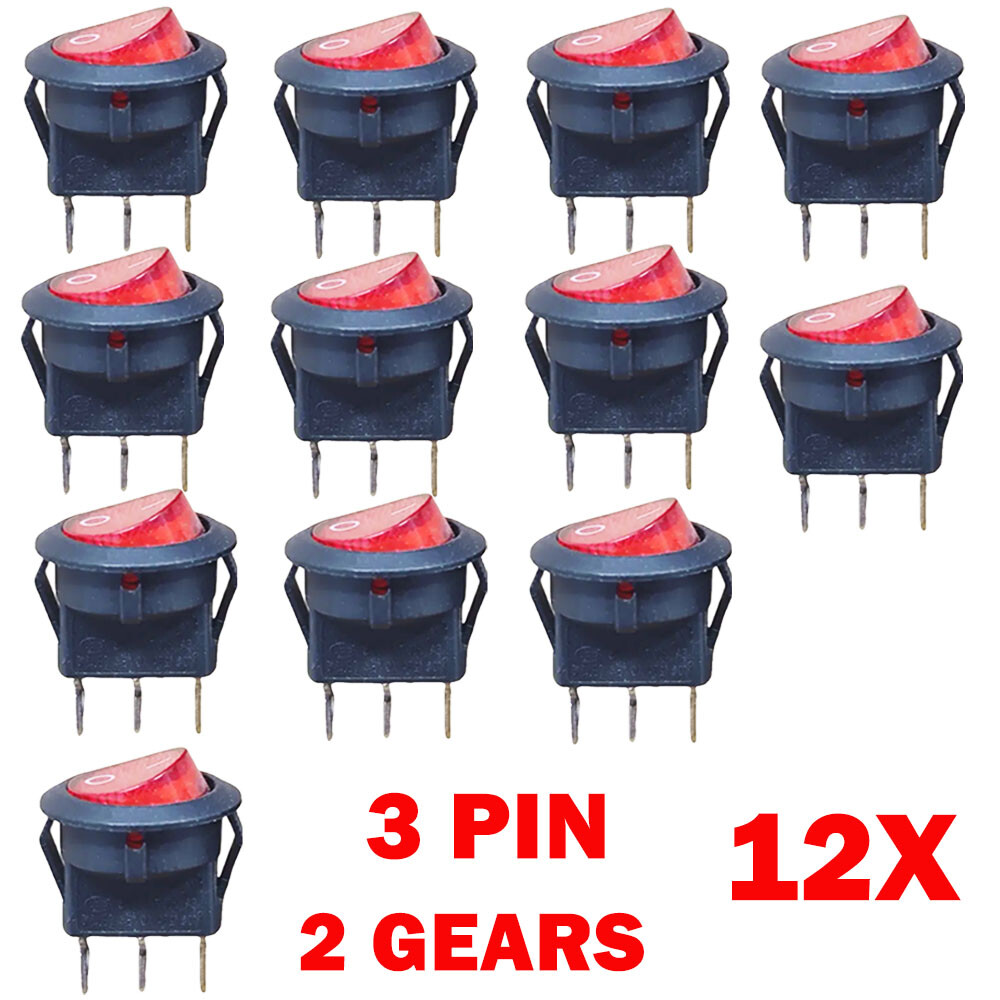 12Pack For SPST 3 Pin ON/OFF Round Rocker Switch With Red Neon Lamp 10A/125VAC