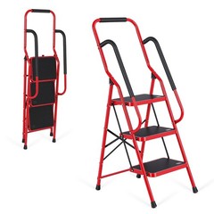 3 Step Ladder with Hankdrails, Portable Folding Step Stool with Safety Lock, Red
