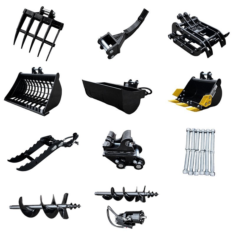 11-in-1 Mini Excavator Attachment Set: From Rakes to Buckets & Quick Coupler