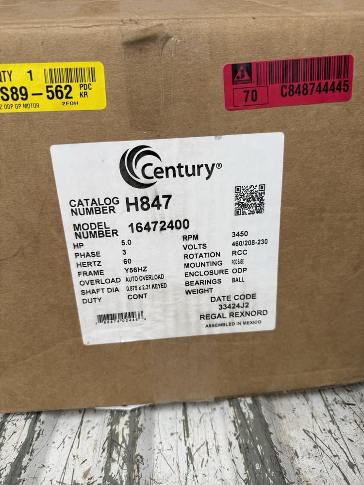 Century H847 16472400 5 HP 3 Phase 3450 RPM ODP Motor 460/208-230V Keyed Shaft