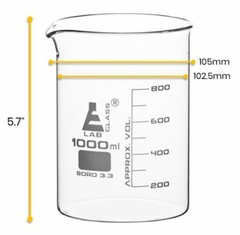 Eisco Labs 1000ml Beaker, Low Form – 100ml Graduations – Borosilicate Glass