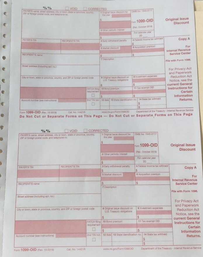 5 SHEETS 1099-OID IRS Original Issue Discount & 1096 Transmittal Forms