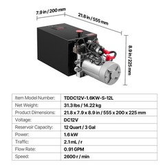 VEVOR 12 Quart Hydraulic Power Unit DC 12V Double Acting Hydraulic Pump