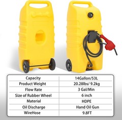 14 Gallon Fuel Can with Pump 10FT Hose Wheeled Gas Diesel Transfer Tank Caddy