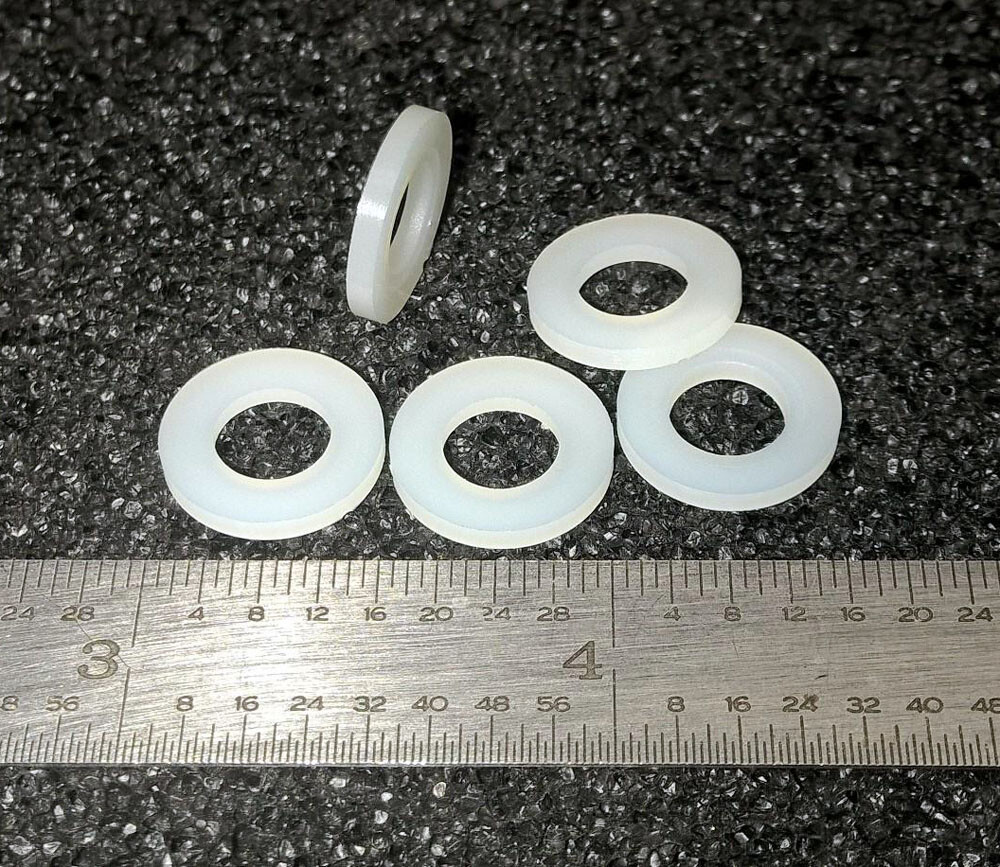 PLAIN FLAT WASHERS 1/4″ HOLE X 1/2″ OD X 1/32″ THICK NYLON – 100 pcs