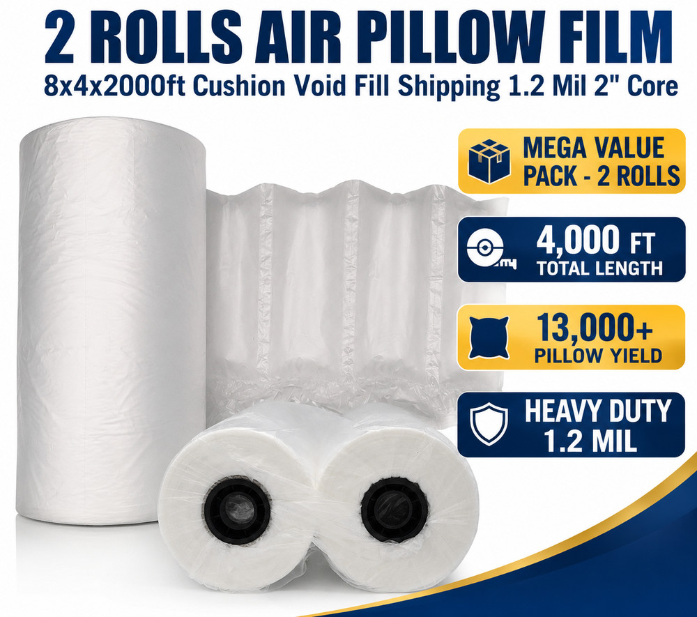 2 Rolls Air Pillow Film 8x4x2000ft Cushion Void Fill Shipping 1.2 Mil 2″ Core