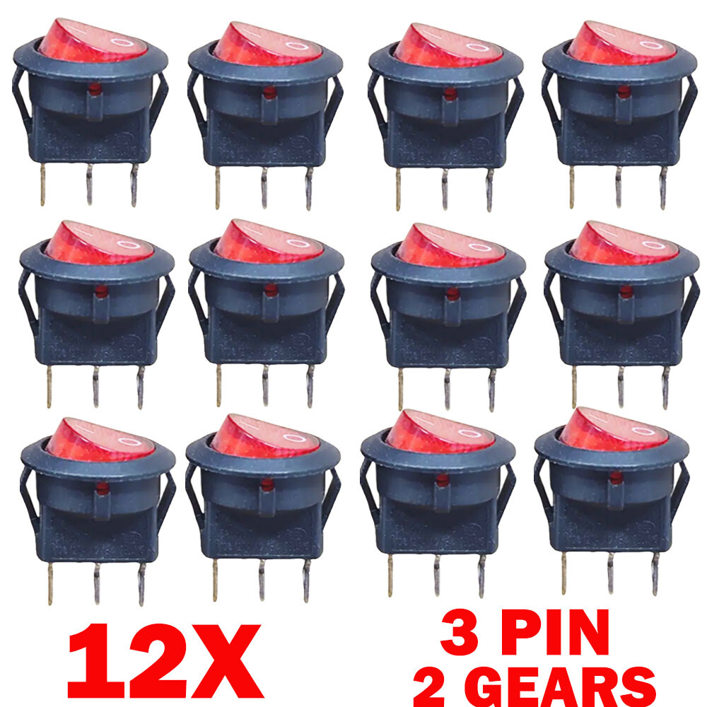 12x For SPST 3 Pin ON/OFF Round Rocker Switch With Red Neon Lamp 10A/125VAC