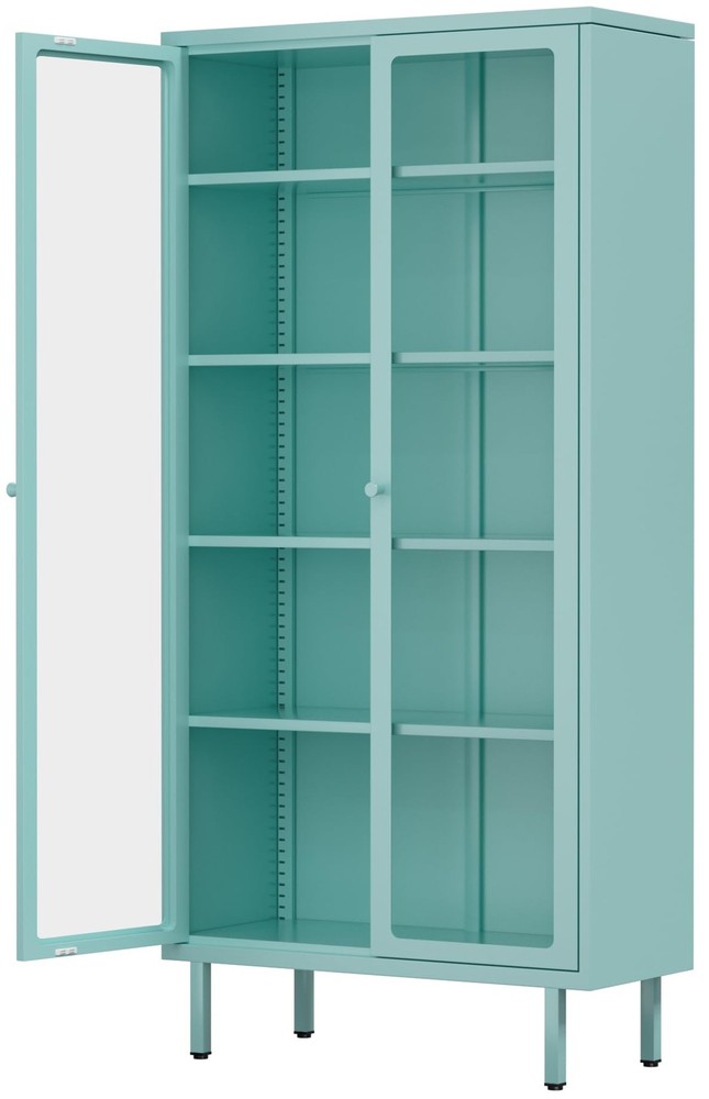 Metal Curio Cabinet Tempered Glass Adjustable Shelves Blue Assembly Required